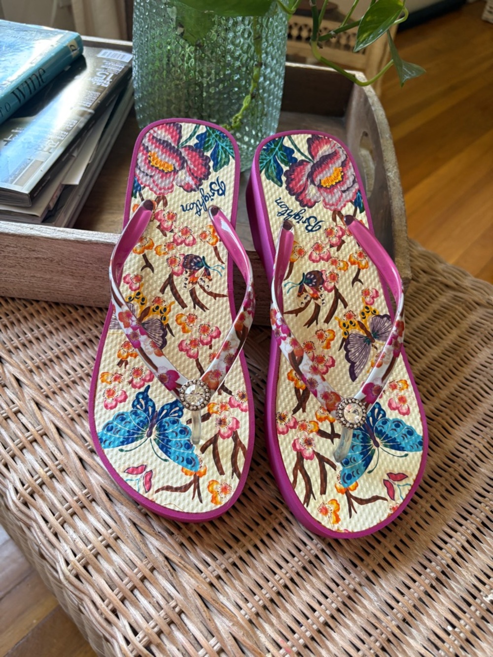 Brighton Pink Floral Butterfly Flip Flops